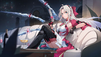 1girl ahoge black_gloves blue_eyes bottle bow breasts carlotta_(wuthering_waves) closed_mouth commentary crossed_legs cup dress drinking_glass earrings english_commentary gloves gun hair_bow hairband highres holding holding_gun holding_weapon indoors jacket jewelry long_hair medium_breasts parted_bangs pink_hairband pink_jacket rifle saiivia short_dress sitting smile solo striped_bow thighs very_long_hair weapon white_dress white_hair wuthering_waves