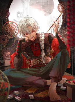 1boy absurdres barefoot biigagrim braid dice dreamcatcher eyelashes fang full_body full_moon hair_over_shoulder highres holding holding_smoking_pipe jewelry kuzuha_(15th_costume)_(nijisanji) kuzuha_(nijisanji) long_hair long_sleeves looking_at_viewer mahjong male_focus mole mole_under_eye moon multiple_rings nijisanji pants parted_bangs red_eyes ring shirt sitting smoking_pipe solo tassel teeth tongue tongue_out upper_teeth_only vampire virtual_youtuber white_hair