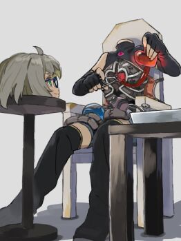 Rule 34 | 1boy, ahoge, android, blue-framed eyewear, boots, cable, detached sleeves, fingerless gloves, full body, gloves, headless, heart, heart (organ), highres, maintenance, mecha danshi, mechabare, original, scissors, short hair, sitting, surgical scissors, table, thigh boots, tweezers, vanilla (vanillaklein), vanillaklein