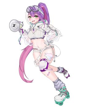 1girl absurdres bandaid bandaid_on_leg bandeau breasts buckle colored_inner_hair commentary_request crop_top cyber_fashion demon_tail full_body gloves goggles goggles_on_head green_eyes grey_socks hand_on_own_hip heart heart_tattoo highres holding holding_megaphone hololive inline_skates knee_pads long_hair looking_at_viewer loose_socks megaphone micro_shorts midriff multicolored_hair navel navel_piercing official_alternate_costume oh_gong05 open_mouth piercing pink_hair ponytail ribbed_shirt roller_skates see-through_clothes see-through_sleeves shirt short_shorts shorts shrug_(clothing) skates snap-fit_buckle socks solo spray_can stomach strapless streaked_hair tail tattoo tokoyami_towa tube_top very_long_hair virtual_youtuber white_bandeau white_gloves white_hair white_shorts white_shrug white_tail white_tube_top winged_heart winged_heart_tattoo
