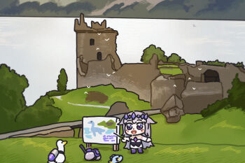 1girl 3others bing_huyue bird blush_stickers castle chest_jewel chibi commentary duck english_commentary fish gem gem_hair_ornament hair_flaps highres hololive hololive_english koseki_bijou koseki_bijou_(1st_costume) lake loch_ness_monster long_hair multiple_others open_mouth pebble_(koseki_bijou) purple_eyes purple_gemstone purple_hair purple_shoes real_world_location road ruins scotland scuba_gear scuba_tank shoes simple_bird stick structure teaching urquhart_castle virtual_youtuber