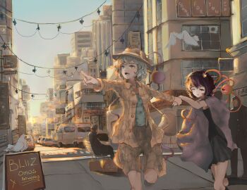 adapted_costume bird black_hat blizzomos blouse building car city city_lights cityscape commentary contemporary crosswalk dusk english_commentary eyeball flying green_hair hat heart heart_of_string highres holding_hands komeiji_koishi komeiji_satori motor_vehicle pointing purple_hair road satori_(youkai) scenery shirt sky skyscraper third_eye touhou traffic_light