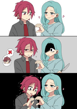 1boy 1girl absurdres akamatsu_(etra-chan_wa_mita!) akane_(etra-chan_wa_mita!) angry aqua_eyes aqua_hair aqua_sweater black_background black_jacket blood blood_from_mouth blush braid collared_jacket commentary_request etra-chan_wa_mita! forced grey_background hair_between_eyes heart heart_hands heart_hands_duo heart_hands_duo_(0307_rebl) heart_hands_invitation highres holding holding_another's_wrist holding_knife jacket karamano knife long_hair long_sleeves looking_at_another open_clothes open_jacket red_eyes red_hair reluctant shaded_face shirt short_hair side_braid single_braid smile spoken_character sweater trembling white_background x_(symbol) yandere yuzuriha_(etra-chan_wa_mita!)