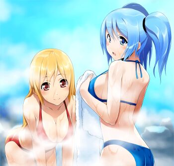 2girls back bent_over bikini blonde_hair blue_eyes blue_hair breasts commentary cosmic_break crimrose crimrose_swm english_commentary holding holding_towel large_breasts lily_rain lily_rain_swm liquid long_hair looking_at_viewer looking_back multiple_girls official_art open_mouth red_eyes smile string_bikini swimsuit towel twintails wakaba_sprout
