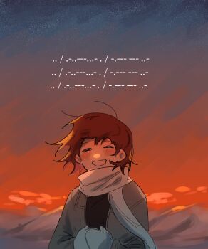 1girl asya_shubina blush br1_lee brown_hair closed_eyes coat commentary english_commentary gloves grin highres morse_code scarf short_hair sky smile sunset upper_body white_gloves white_scarf z.a.t.o._//_i_love_the_world_and_everything_in_it