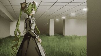 Rule 34 | 1girl, apron, black dress, ceiling light, dress, film grain, frilled apron, frills, from side, goat horns, grass, green eyes, green hair, highres, horns, indoors, liminal space, long hair, long sleeves, looking at viewer, looking to the side, maid, maid headdress, original, own hands together, sideways glance, solo, twintails, uzuki uzu, white apron