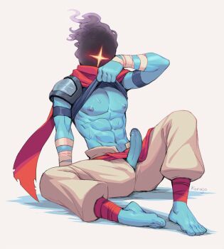 1boy abs armband armor bandaged_leg bandages barefoot black_shirt blue_nails blue_nipples blue_penis blue_skin blue_toenails blush clothes_lift colored_nipples colored_skin dead_cells demon demon_boy erection feet flashing foreskin glans highres korajo male_focus monster monster_boy muscular muscular_male nails navel nipples open_fly open_pants pants partially_retracted_foreskin pectorals penis penis_out red_scarf sash scarf shirt shirt_lift shoulder_armor signature simple_background sitting smoke solo the_beheaded toes white_background white_pants wrist_wrap