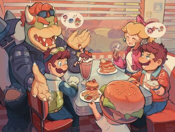 1girl 1other 3boys absurdres artist_name bow bowser brown_hair burger burger_costume claws commentary didy414 diner eating english_commentary food french_fries goggles goggles_on_head hair_bow highres luigi mario mario_(series) mario_kart mario_kart_world milkshake multiple_boys nintendo official_alternate_costume pancake pancake_stack princess_peach red_hair sitting speech_bubble spiked_shell toad_(mario)
