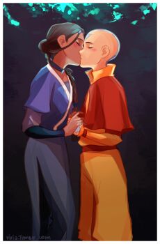 1boy 1girl aang arm_warmers avatar:_the_last_airbender avatar_legends bald blush braid braided_ponytail brown_hair choker closed_eyes couple dark_background dark_skin gradient_background hetero highres holding_hands katara kiss side_slit tattoo viria13