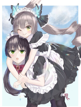 2girls absurdres blue_sky bow bowtie butterfly_hair_ornament carrying commentary_request hair_ornament heaven_burns_red highres long_hair maid maid_headdress multiple_girls natsume_inori ogasawara_hisame one_eye_closed piggyback sky smyin_rii twintails