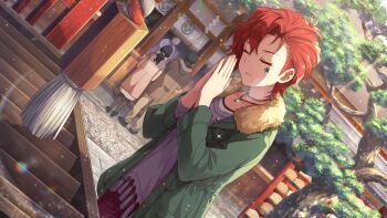 1girl box closed_eyes closed_mouth commentary_request day donation_box facial_mark game_cg green_jacket idolmaster idolmaster_million_live! idolmaster_million_live!_theater_days jacket jewelry julia_(idolmaster) long_sleeves necklace official_art outdoors praying red_hair short_hair shrine solo_focus standing star_(symbol) star_facial_mark star_necklace third-party_source tree