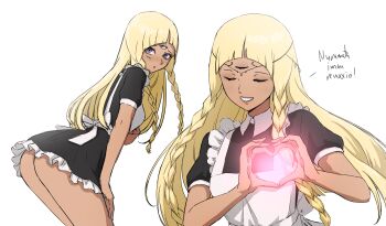 1girl :o absurdres alternate_costume apron arched_bangs ass back_ribbon blonde_hair braid braided_sidelock closed_eyes commentary dark-skinned_female dark_skin daydarion eupha_(metaphor:_refantazio) extra_eyes heart heart_hands highres long_hair maid_apron metaphor:_refantazio multiple_views presenting presenting_ass purple_eyes smile third_eye white_background