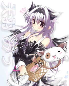 1girl 2000s_(style) amaha_miu animal_ear_hairband animal_ears arm_under_breasts bare_shoulders basket black_dress black_hairband black_sleeves blush breasts cat_ear_hairband cat_ears character_name cleavage cleavage_cutout clothing_cutout collarbone commentary_request detached_sleeves dress eee_mii fake_animal_ears hair_intakes hairband highres holding holding_basket holding_tissue large_breasts long_hair looking_at_viewer mascot mashiroiro_symphony notice_lines open_mouth pan-nya purple_eyes purple_hair simple_background solo speech_bubble tissue upper_body white_background