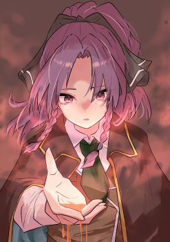 1girl absurdres assault_lily black_bow black_cape black_vest blue_cape bow braid cape collared_shirt green_necktie grey_background hair_bow hand_up high_ponytail highres houji_tea_latte liquid long_hair long_sleeves looking_at_hand looking_at_self necktie nishikawa_miharu parted_bangs parted_lips ponytail purple_eyes purple_hair school_uniform shirt short_necktie side_braids simple_background solo steam twin_braids two-sided_cape two-sided_fabric upper_body vest white_shirt