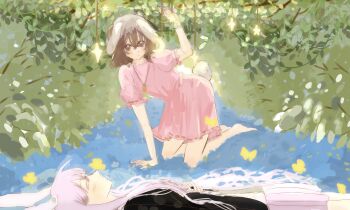 2girls absurdres all_fours animal_ears bare_arms bare_legs barefoot black_jacket blazer brown_eyes brown_hair bug butterfly carrot_necklace chinese_commentary closed_eyes closed_mouth collared_jacket colored_eyelashes commentary_request crossed_bangs dot_nose dress feet_out_of_frame floppy_ears forest frilled_sleeves frills from_side full_body hair_between_eyes hair_spread_out hand_on_own_stomach highres inaba_tewi insect jacket jewelry kneeling lapels light_blush long_sidelocks looking_at_viewer lying medium_hair miaoliang01075 miniskirt multiple_girls nature necklace on_back open_clothes open_jacket outdoors pink_dress pleated_dress pleated_skirt pointy_nose puffy_short_sleeves puffy_sleeves purple_hair purple_skirt rabbit_ears rabbit_girl rabbit_tail reisen_udongein_inaba ribbon-trimmed_dress ribbon-trimmed_sleeves ribbon_trim shirt short_dress short_sleeves sidelocks skirt tail textless_version touhou translation_request white_shirt yellow_butterfly