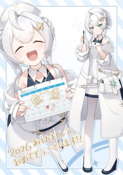 1girl absurdres ahoge bag bastelina_(stella_sora) belt black_shoes braid braided_hair_rings calendar_(object) closed_mouth coat commentary_request doyagao dress hair_intakes hair_rings happy_new_year highres holding holding_pencil jitome looking_at_viewer multiple_views new_year open_mouth pantyhose pencil satchel shiroba_kamiya shoes sleeveless sleeveless_dress smile smug sparkle stella_sora teeth telescope translation_request upper_teeth_only white_belt white_coat white_dress white_hair white_pantyhose