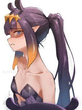 1girl black_dress blue_eyes breasts commentary diamond_hairband disgust dress elsten english_commentary gradient_hair hairband highres hololive hololive_english long_hair looking_at_another looking_to_the_side mole mole_under_eye multicolored_hair nervous_sweating ninomae_ina&#039;nis ninomae_ina&#039;nis_(1st_costume) orange_hair orange_hairband pointy_ears ponytail purple_hair shaded_face simple_background small_breasts strapless strapless_dress sweat takodachi_(ninomae_ina&#039;nis) tentacle_hair tube_dress virtual_youtuber white_background