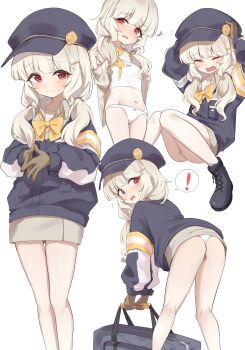 ! 1girl aoba_(blue_archive) armband ass bag black_hat blonde_hair blue_archive blue_hat blush bow bow_camisole bow_panties bowtie breasts newsboy_cap camisole closed_eyes commentary fluffy_hair gloves hair_ornament hands_on_own_head hat highres index_fingers_together jacket loli long_hair long_sleeves looking_at_viewer low_twintails multiple_views navel onakkasuita open_mouth panties red_eyes shirt simple_background skirt small_breasts spoken_exclamation_mark standing sweatdrop thighs twintails underwear white_background white_camisole white_panties yellow_armband yellow_bow yellow_bowtie