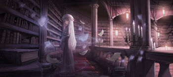 1girl absurdres book book_stack bookshelf candle candlestand chain commentary_request crescent crescent_hat_ornament dress floating floating_book floating_object flying_paper frilled_dress frills from_side hair_ribbon hat hat_ornament highres holding holding_book indoors lamp library long_dress long_hair looking_at_viewer mob_cap paper parted_lips patchouli_knowledge pink_dress pink_hat purple_eyes purple_hair railing red_carpet red_ribbon ribbon solo standing touhou tungee2176 turning_head wide_shot