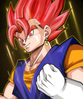 Rule 34 | 8fate, dragon ball, dragonball z, dragonball z battle of gods, earrings, gloves, jewelry, red eyes, red hair, smile, spiked hair, super saiyan, super saiyan god, vegetto