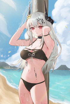 1girl arknights arms_up beach bikini black_bikini black_horns breasts chinese_commentary cleavage closed_mouth commentary_request cowboy_shot day flower grey_hair hair_flower hair_ornament hands_in_own_hair highres horns infection_monitor_(arknights) lens_flare light_smile long_hair looking_at_viewer material_growth medium_breasts mudrock_(arknights) mudrock_(silent_night)_(arknights) navel official_alternate_costume oripathy_lesion_(arknights) outdoors partial_commentary red_eyes runyo_(yale12312) showering solo standing swimsuit water wet yellow_flower