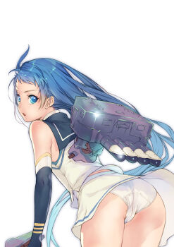 Rule 34 | 1girl, ass, black gloves, black sailor collar, blue eyes, blue hair, branch (blackrabbits), cowboy shot, elbow gloves, from above, gloves, gradient hair, kantai collection, leaning forward, long hair, multicolored hair, negative space, panties, sailor collar, samidare (kancolle), school uniform, serafuku, shirt, skirt, sleeveless, sleeveless shirt, solo, swept bangs, torpedo launcher, underwear, very long hair, white panties, white skirt