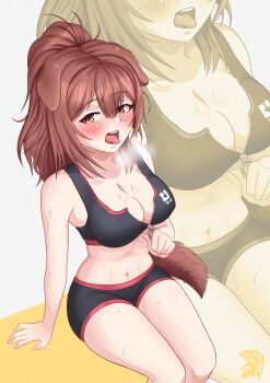 1girl abs animal_ears blush breasts breath brown_eyes brown_hair cleavage close-up commentary dog_ears dog_girl dog_tail exercising hair_between_eyes highres hololive inugami_korone inugami_korone_(yb-2_overalls) long_hair looking_at_viewer medium_breasts messy_hair mixed-language_commentary multilingual_commentary navel open_mouth partially_unzipped ponytail resting signature simple_background sitting solo sports_bra sportswear stomach sweat tail thecoldtrojan thighs tongue tongue_out virtual_youtuber