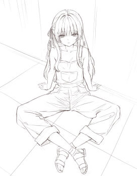 1girl alternate_costume arm_support bare_shoulders breasts chisa_(wuthering_waves) cleavage closed_mouth collarbone commentary crossed_ankles ddcc0123 english_commentary from_above greyscale hair_ribbon highres lineart looking_at_viewer medium_breasts mole mole_under_eye monochrome open-toe_shoes overalls pants pants_rolled_up ribbon sandals sitting sketch solo wuthering_waves