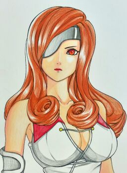 1girl absurdres akaho_(choco_daisuki) beatrix breasts brown_eyes brown_hair cleavage colored_pencil_(medium) commentary_request eyepatch female_focus final_fantasy final_fantasy_ix highres large_breasts long_hair solo traditional_media