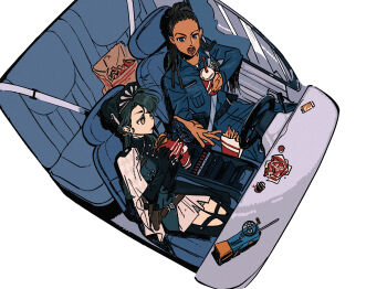 2girls bag beret black_boots black_dress black_gloves black_hair blue_eyes blue_pants blue_shirt boots burger cape car_interior car_seat cellphone chinstrap commentary_request cornrows cup dark-skinned_female dark_skin diorama disposable_cup dress food french_fries from_above gloves hair_bun hands_up hat highres holding holding_cup holding_food holster kani_(kaniya) liang_yue_(reverse:1999) long_hair looking_at_another low_twintails multiple_girls open_mouth pants paper_bag phone poitier_(reverse:1999) police police_uniform policewoman reverse:1999 seatbelt shirt short_dress side_cape sitting steering_wheel thigh_boots twintails white_cape yellow_eyes