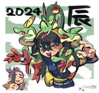 apple black_eyes black_hair blueberry_academy_school_uniform brown_fur carmine_(pokemon) chinese_zodiac cloud cloudy_sky collared_jacket colored_inner_hair creepy crossed_bangs diglett eyebrows eyelashes fang fanny_pack food fruit furret gen_1_pokemon gen_2_pokemon gloves hair_between_eyes hairband horns hydrapple jacket jersey kieran_(pokemon) long_hair long_sleeves mole mole_under_eye motion_lines multicolored_hair new_year nintendo onigiri pokemon pokemon_sv purple_hair red_gloves school_uniform serpent shaded_face sidelocks skin_fang sky standing tirarizun tongue tongue_out year_of_the_dragon yellow_eyes yellow_hairband