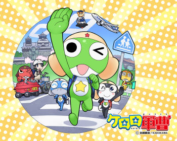 bag black_eyes black_hair cardigan copyright_name dororo_(keroro_gunsou) frog giroro glasses hat headphones helmet hinata_fuyuki keroro keroro_gunsou kururu_(keroro_gunsou) mask mouth_mask necktie ninja_mask official_art official_wallpaper one_eye_closed pants shirt short_hair star_(symbol) tamama yoshizaki_mine