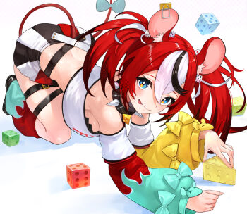 1girl :p all_fours animal_ear_fluff animal_ears asymmetrical_sleeves bandeau black_hair black_skirt blue_eyes blush bow breasts bright_pupils cheese closed_mouth collar commentary_request detached_sleeves dice dice_hair_ornament food hair_between_eyes hair_ornament hakos_baelz hakos_baelz_(1st_costume) highres hololive hololive_english long_hair looking_at_viewer maro2ki3 medium_breasts mismatched_sleeves mouse_ears mouse_girl mouse_tail mousetrap multicolored_hair multicolored_skirt red_hair red_skirt simple_background skirt solo spiked_collar spikes streaked_hair tail tail_bow tail_ornament tongue tongue_out twintails virtual_youtuber white_background white_bandeau white_hair white_pupils white_skirt