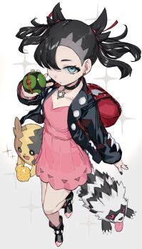 1girl backpack bag berry_(pokemon) black_hair black_jacket black_nails blue_eyes commentary_request dress dusk_ball earrings galarian_form galarian_zigzagoon gen_8_pokemon gradient_background highres holding holding_poke_ball jacket jewelry marnie_(pokemon) morpeko morpeko_(full) nintendo pink_dress poke_ball pokemon pokemon_(creature) pokemon_swsh ranf red_bag twintails