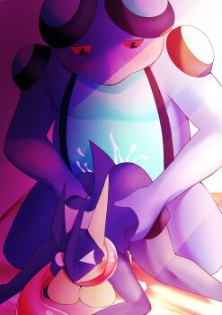 1boy 1girl absurdres animal_ears black_eyes blue_skin blush breasts colored_sclera colored_skin cum ejaculation furry furry_female furry_male gen_5_pokemon gen_6_pokemon greninja half-closed_eyes hetero highres interspecies kneeling light_rays long_tongue looking_at_another looking_down medium_breasts multicolored_skin nintendo open_mouth palpitoad pokemon pokemon_(creature) red_eyes red_sclera sex spread_legs tail tongue tongue_out top-down_bottom-up two-tone_skin usamimi_(umisag85rabb99) waist_grab yellow_skin