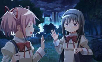 2girls ^_^ akemi_homura artist_request bag black_hair black_hairband blue_bag bow bowtie city closed_eyes closed_mouth cloud cobblestone collared_shirt dot_nose eyelashes fingernails game_cg hair_ribbon hairband happy high_collar highres holding holding_bag jewelry jitome juliet_sleeves kaname_madoka lace-trimmed_sleeves lace_trim light_blush long_hair long_sleeves looking_at_viewer mahou_shoujo_madoka_magica mahou_shoujo_madoka_magica_magia_exedra mitakihara_school_uniform multiple_girls night official_art open_mouth outdoors path pink_hair pointy_nose puffy_sleeves purple_eyes red_bow red_bowtie red_ribbon ribbon ring road rock school_uniform shirt short_hair short_twintails sidelocks sky smile straight_hair studded_hairband third-party_source tree twintails upper_body very_long_hair waving yellow_shirt