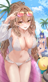 2girls absurdres azur_lane bare_shoulders beach bikini blue_bikini blue_eyes blue_hair breasts brown_hair cleavage eyewear_on_head frilled_bikini frills hair_between_eyes heterochromatic_eyewear highres innertube large_breasts leaning_forward lion_(azur_lane) lion_(the_reclining_dandelion)_(azur_lane) long_hair looking_at_viewer manjuu_(azur_lane) multiple_girls new_jersey_(azur_lane) new_jersey_(midsummer_leisure)_(azur_lane) o-ring o-ring_bikini official_alternate_costume open_mouth orange-framed_eyewear outdoors pink-tinted_eyewear ponytail sazuna_(user_gepn5443) sunglasses swim_ring swimsuit tinted_eyewear triangular_eyewear very_long_hair water white_bikini yellow_eyes