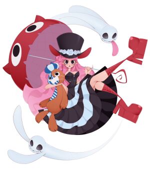 1girl black_eyes bluelemondraws blunt_bangs boots commentary dress english_commentary full_body ghost half_updo hat highres holding holding_umbrella kumacy long_hair looking_at_viewer mask mouth_mask one_piece perona pink_hair sidelocks tongue tongue_out umbrella