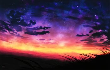 artist_name cloud commentary dark_cloud dusk english_commentary gradient_sky grass highres miloecute no_humans original outdoors scenery sky sky_focus star_(sky) starry_sky unfinished