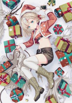 1girl absurdres arm_up bag bell belt_bra blonde_hair blue_eyes blush boots bra braid braided_bangs breasts cellphone christmas christmas_ornaments cleavage colored_eyelashes cropped_jacket flower fur_trim gift hair_flower hair_ornament hair_ribbon hat highres holding holding_phone holding_rope lace-up_boots long_hair looking_away lying navel on_side original phone pom_pom_(clothes) ribbon rope sack santa_costume santa_hat shorts skindentation smartphone solo thighhighs timer torn_bag underwear yoko-ya_manjirou
