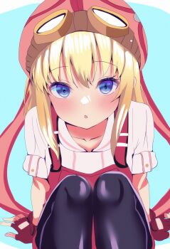 1girl absurdres blonde_hair blue_eyes blush commentary_request eiyuu_densetsu embarrassed goggles goggles_on_head goggles_on_headwear highres looking_at_viewer naked_skirt overalls pink_shorts red_overalls shorts simple_background skirt sora_no_kiseki tita_russell tool_belt toolbox yuzi124