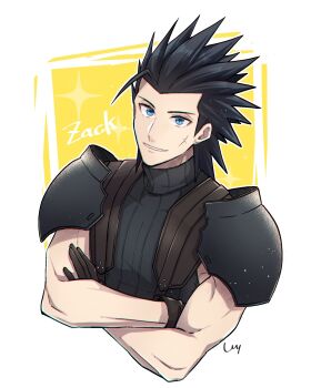 1boy armor black_gloves black_hair blue_eyes blue_sweater character_name commentary_request crisis_core:_final_fantasy_vii cropped_torso cross_scar crossed_arms earrings facial_scar final_fantasy final_fantasy_vii gloves highres jewelry looking_at_viewer male_focus parted_lips scar scar_on_cheek scar_on_face short_hair shoulder_armor signature sin_3794 sleeveless sleeveless_turtleneck smile solo sparkle spiked_hair stud_earrings suspenders sweater turtleneck turtleneck_sweater upper_body zack_fair