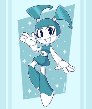 Rule 34 | 1girl, absurdres, blue hair, blue skirt, blue tank top, colored skin, efextex, eyelashes, highres, humanoid robot, jenny wakeman, joints, metal skin, my life as a teenage robot, nickelodeon, robot, robot girl, robot joints, screw, skirt, solo, tank top, twintails, white skin