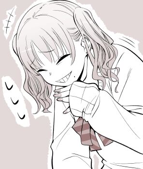 +++ 1girl absurdres earrings giggling grin gyaru hand_to_own_mouth highres jewelry kato_takuji leaning_forward long_sleeves medium_hair mole mole_under_mouth monochrome neck_ribbon original outline ribbon sanshita_gyaru_(kato_takuji) school_uniform simple_background smile solo stud_earrings sweater twintails upper_body