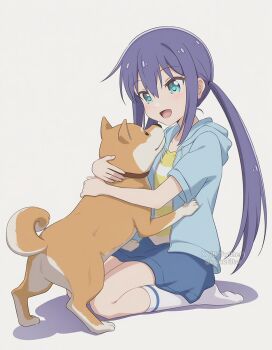 Rule 34 | 1girl, animal ears, blue eyes, blue hair, blue skirt, blush, closed mouth, collar, collarbone, dog, dot nose, full body, hair between eyes, happy, holding, hood, hoodie, koisuru asteroid, long hair, manaka ao, nekofilter, no shoes, open mouth, shadow, shirt, short sleeves, simple background, sitting, skirt, socks, striped clothes, striped shirt, tail, twintails, twitter username, white background