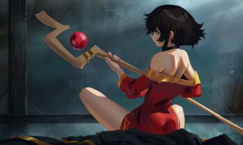 1girl absurdres ass black_choker black_hair choker crisslioo dress from_behind highres holding holding_staff kono_subarashii_sekai_ni_shukufuku_wo! medium_hair megumin off_shoulder red_dress red_eyes sitting solo staff thighs
