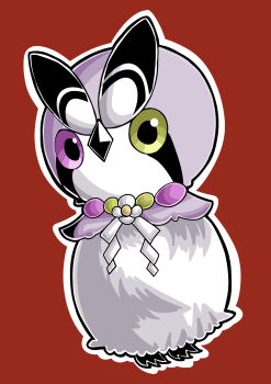 Rule 34 | beak, bird, capelet, flower ornament, heterochromia, highres, howaito (73687730), jewelry, looking at viewer, mahou shoujo no inshuu mura, necklace, no humans, owl, red background, sonchou (manomura)