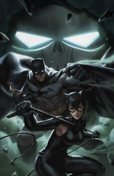 1boy 1girl armpit_cutout batman batman_(series) black_bodysuit black_cape black_gloves bodysuit breasts cape catwoman clothing_cutout dc_comics ejikure gloves glowing glowing_eyes grey_bodysuit highres looking_at_viewer medium_breasts selina_kyle