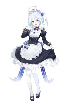 1girl :d absurdres ahoge alternate_costume artist_name black_dress black_shoes blue_eyes blue_ribbon commentary_request dress feimao_(fmfeimao) frilled_dress frills full_body furina_(genshin_impact) genshin_impact gloves hand_up highres looking_at_viewer multicolored_ribbon open_mouth pantyhose puffy_sleeves ribbon shoes skirt_hold smile solo striped_ribbon tachi-e two-tone_ribbon white_gloves white_pantyhose white_ribbon