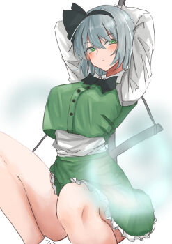 1girl absurdres arms_behind_head black_bow black_bowtie blush bow bowtie breasts closed_mouth commentary_request expressionless frills green_eyes green_skirt green_vest grey_hair hairband highres konpaku_youmu konpaku_youmu_(ghost) kuraki legs long_sleeves looking_at_viewer medium_breasts medium_hair scabbard sheath shirt skirt solo squatting thighs touhou vest white_background white_shirt